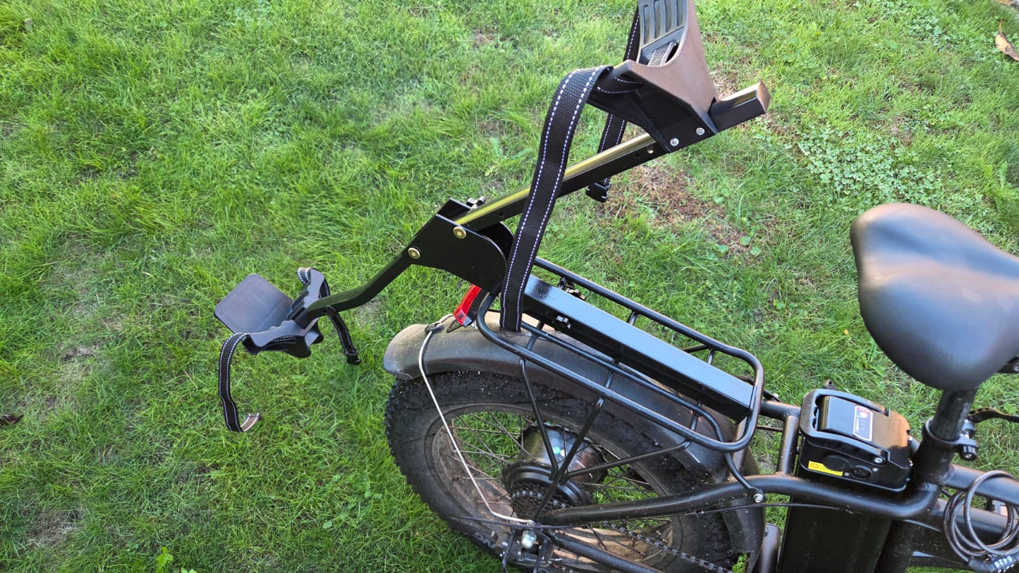 Close-up of the empty bike-mounted rack without a golf bag
